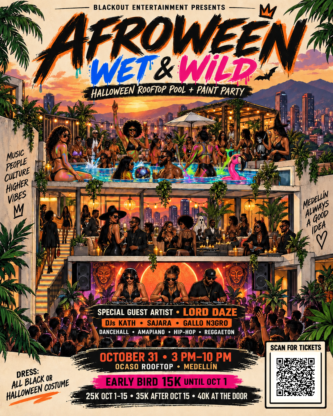 AFROWEEN Wet and Wild Halloween rooftop pool party flyer